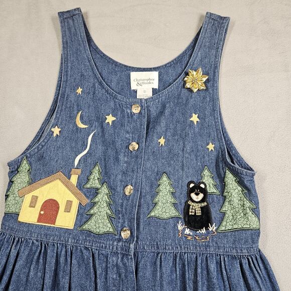 Christopher & Banks Dresses & Skirts - Vintage Denim Dress Womens 6 Nature Bear Cabin Embroidered Novelty Cottagecore